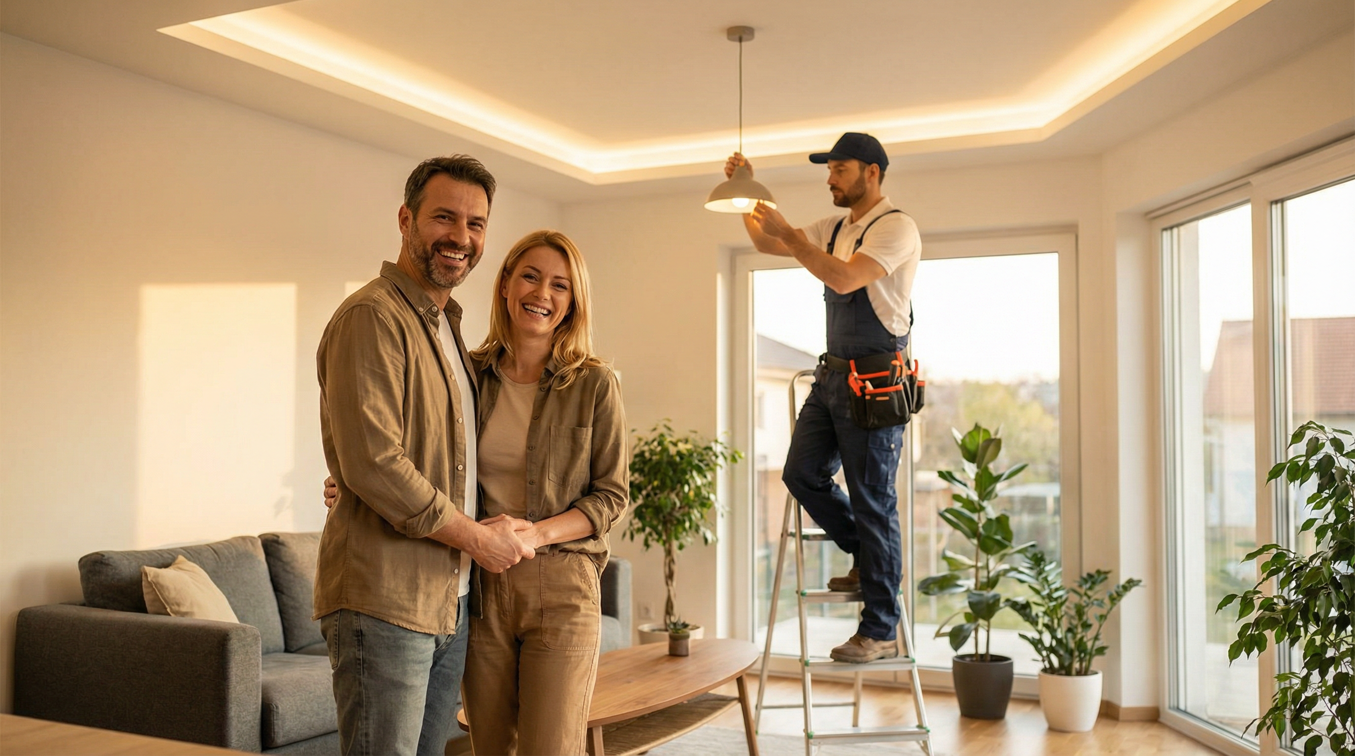 Satisfied customers with electrician